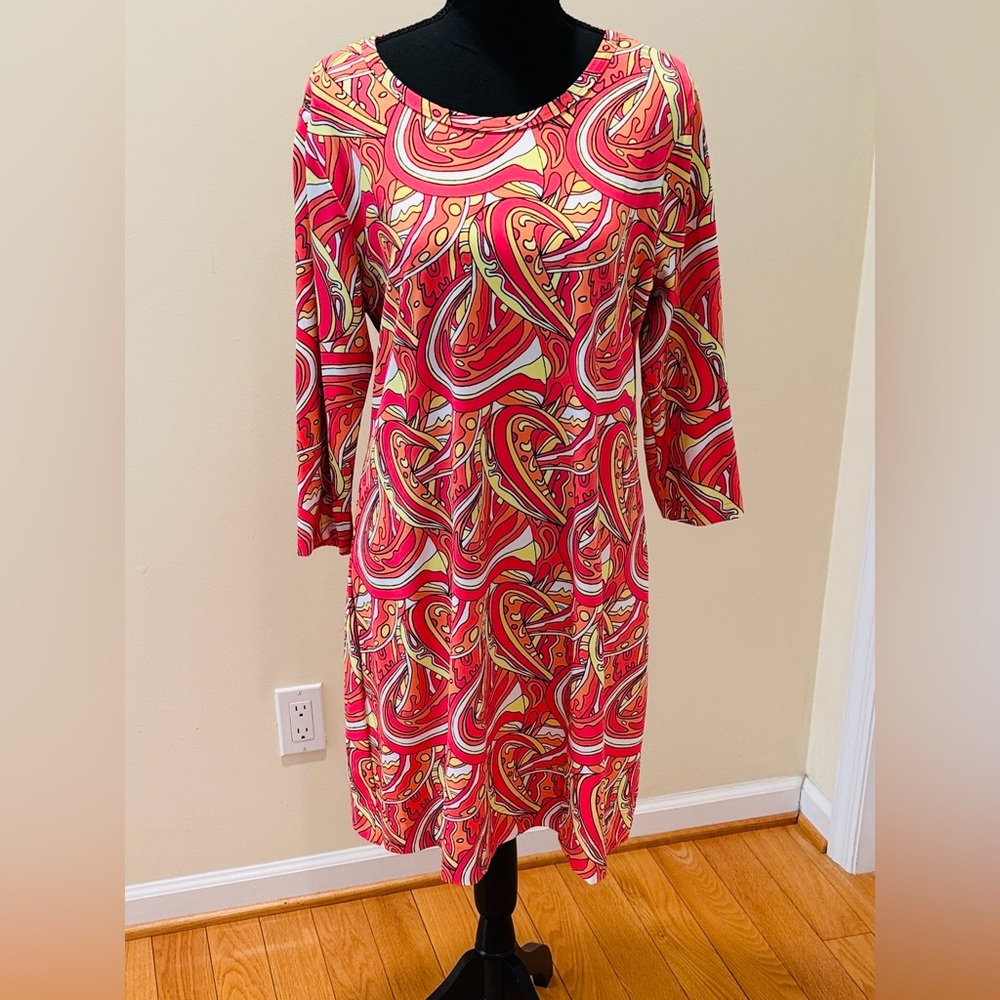 Lulu-B SPX Travel Red and Yellow Paisley 3/4  Sleeve Midi Dress, elegant
